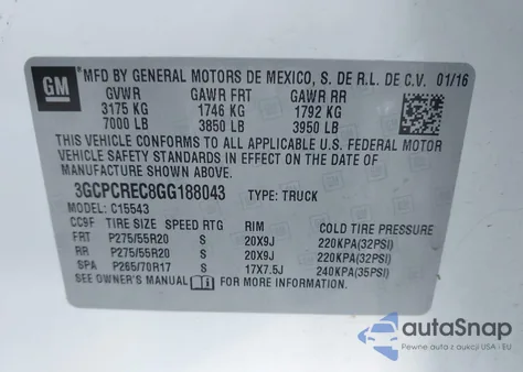 2016 Chevrolet Silverado 1500 1Lt z USA, uszkodzony, nr VIN 3GCPCREC8GG188043